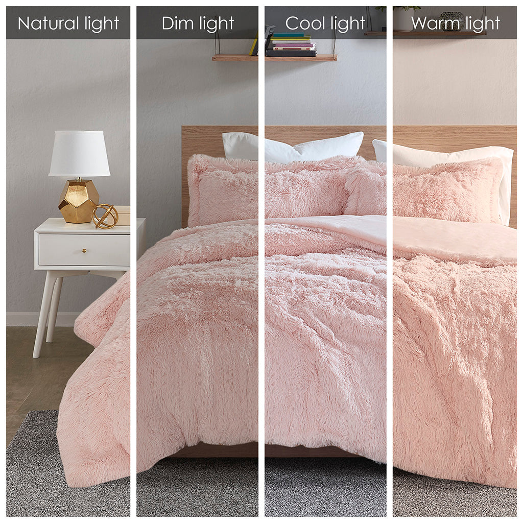 Malea Shaggy Fur Duvet Cover Set - Blush
