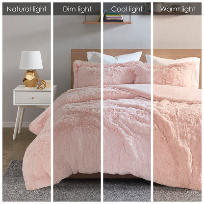 Malea Shaggy Fur Duvet Cover Set - Blush