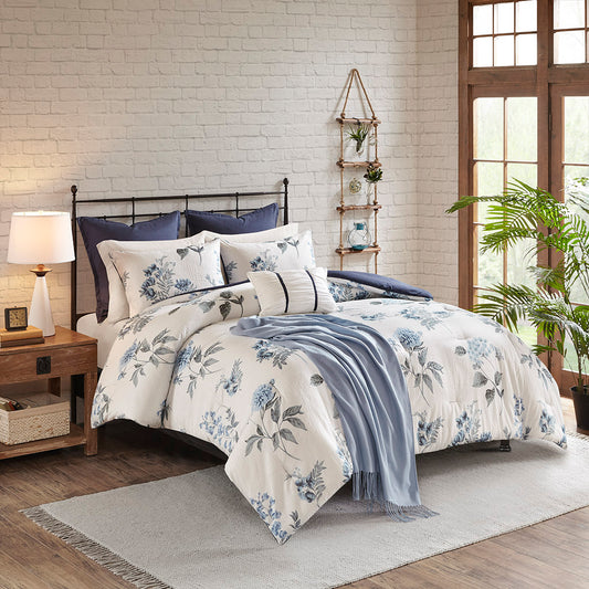Zennia 7 Piece Printed Seersucker Comforter Set with Throw Blanket - Blue