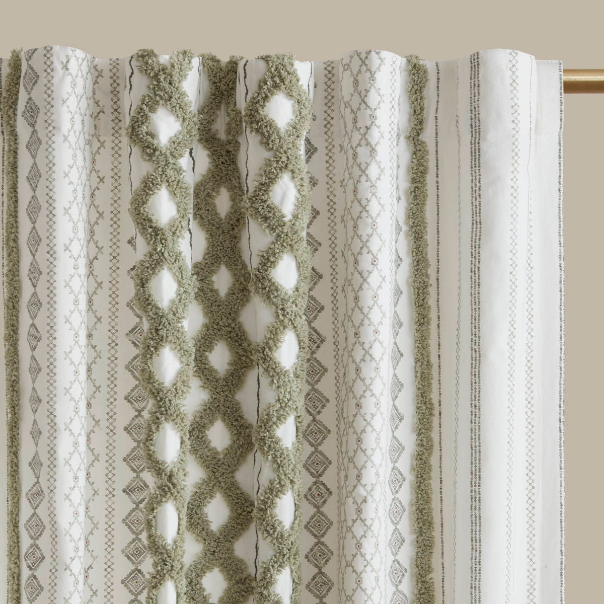 Imani Cotton Printed Curtain Panel with Chenille Stripe and Lining - Green