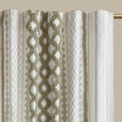 Imani Cotton Printed Curtain Panel with Chenille Stripe and Lining - Green