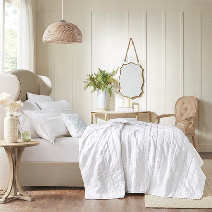 Celeste 4 Piece Microfiber Reversible Ruffle Quilt Set with Throw Pillow - White