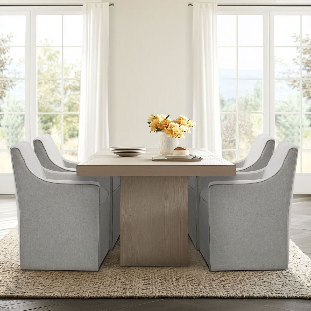 Charlotte Upholstered Dining Arm Chair with Hidden Casters - Grey