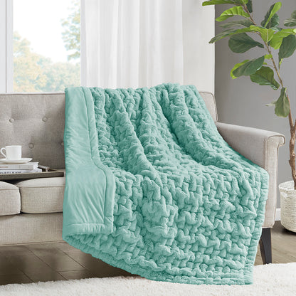 Ruched Fur Throw - Aqua