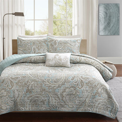 Ronan 4 Piece Cotton Quilt Set with Trhow Pillow - Blue