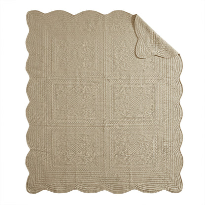 Tuscany Oversized Quilted Throw with Scalloped Edges - Khaki