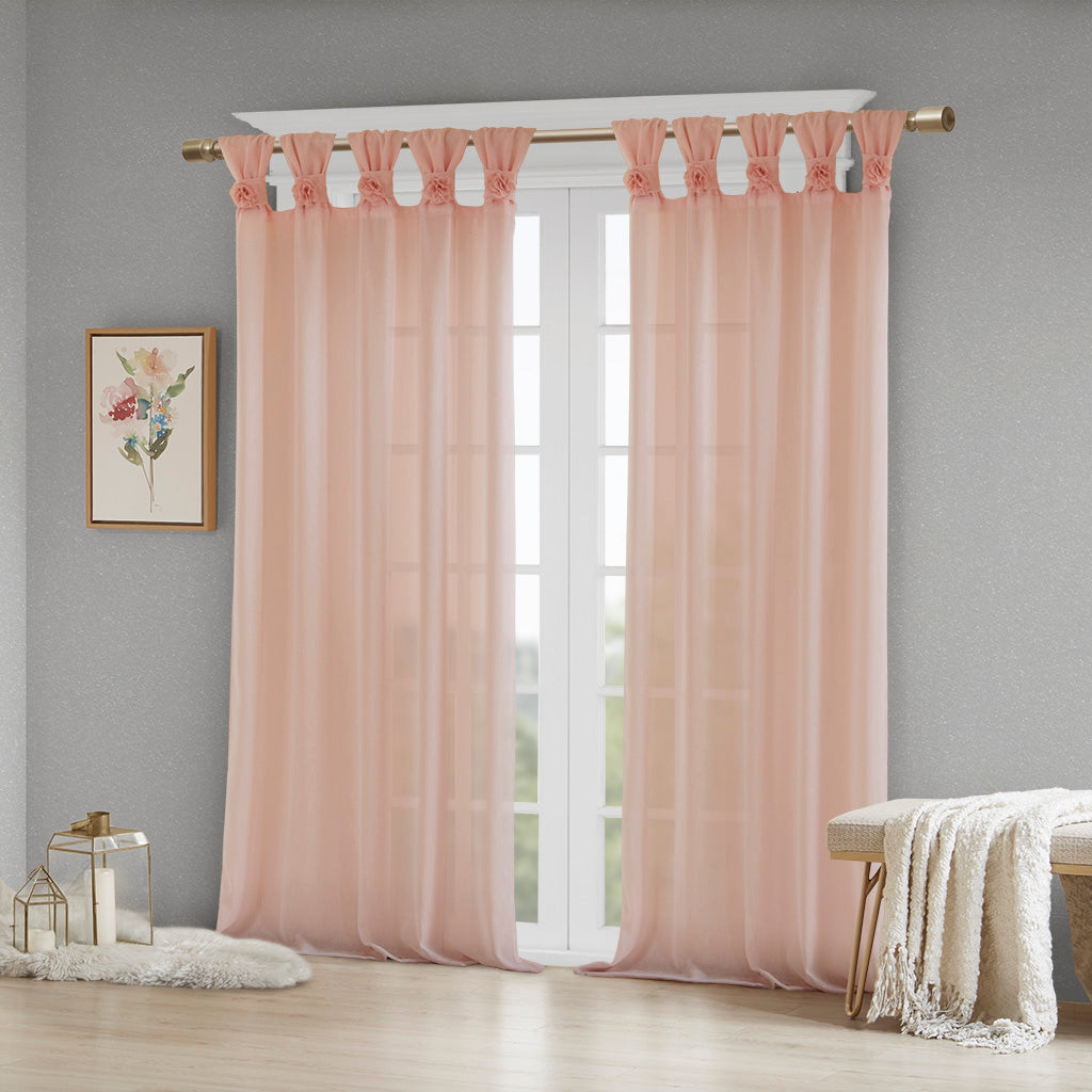 Rosette Floral Embellished Cuff Tab Top Solid Curtain Panel - Blush