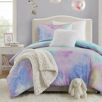 Cassiopeia Watercolor Tie Dye Printed Comforter Set with Throw Pillow - Aqua