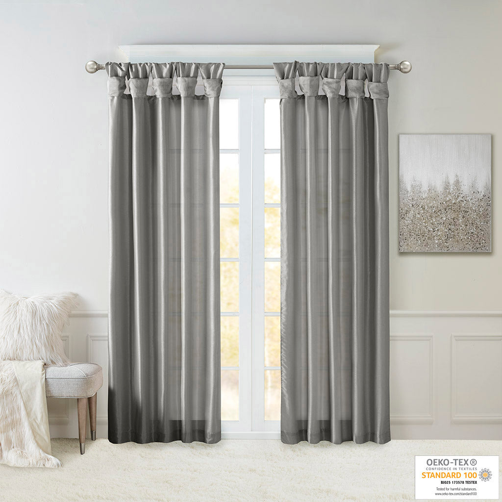 Emilia 100% Polyester Solid Faux Silk Lined Twist Tab Window Curtain - Charcoal