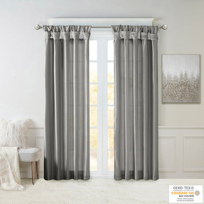 Emilia 100% Polyester Solid Faux Silk Lined Twist Tab Window Curtain - Charcoal