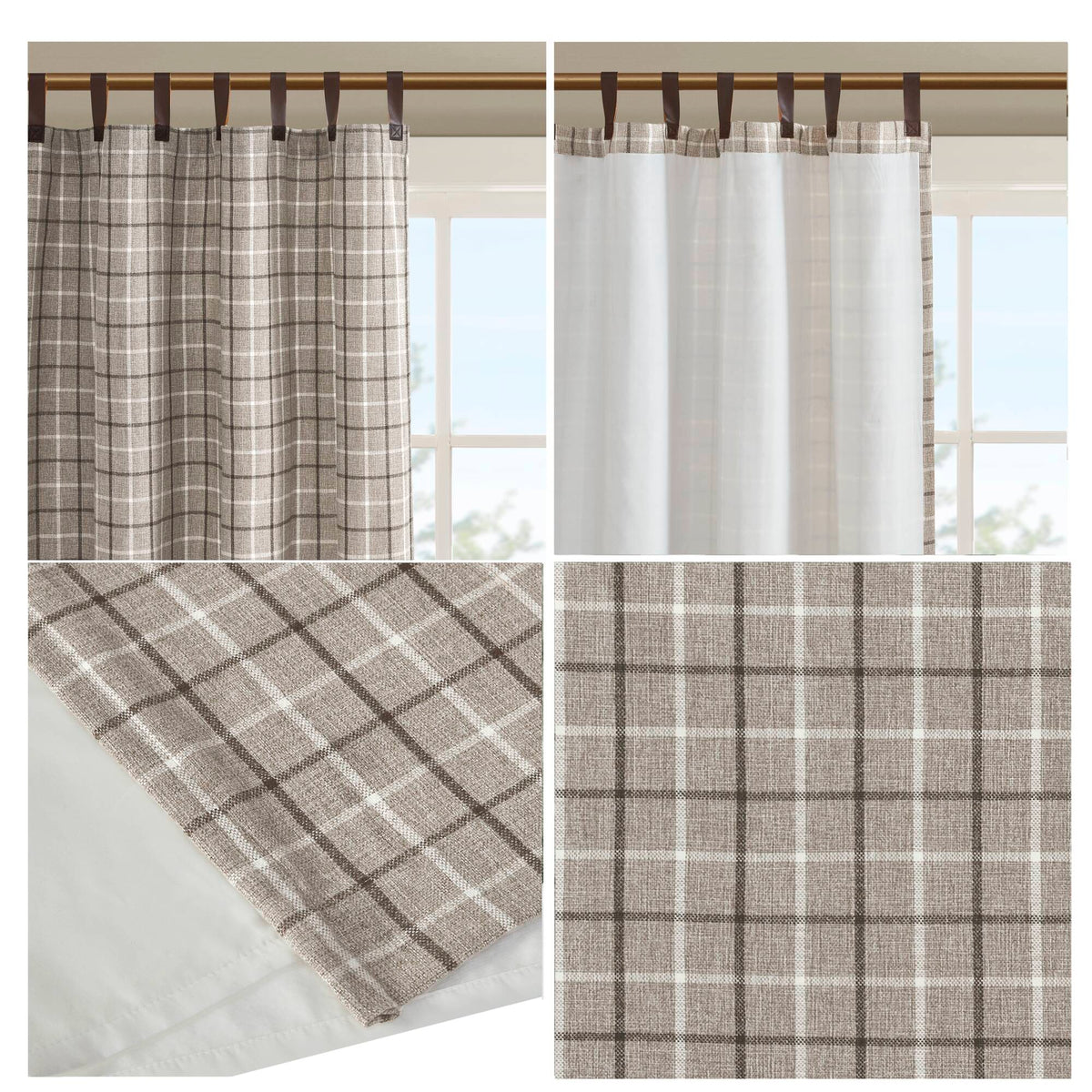 Anaheim Plaid Faux Leather Tab Top Curtain Panel with Fleece Lining - Brown