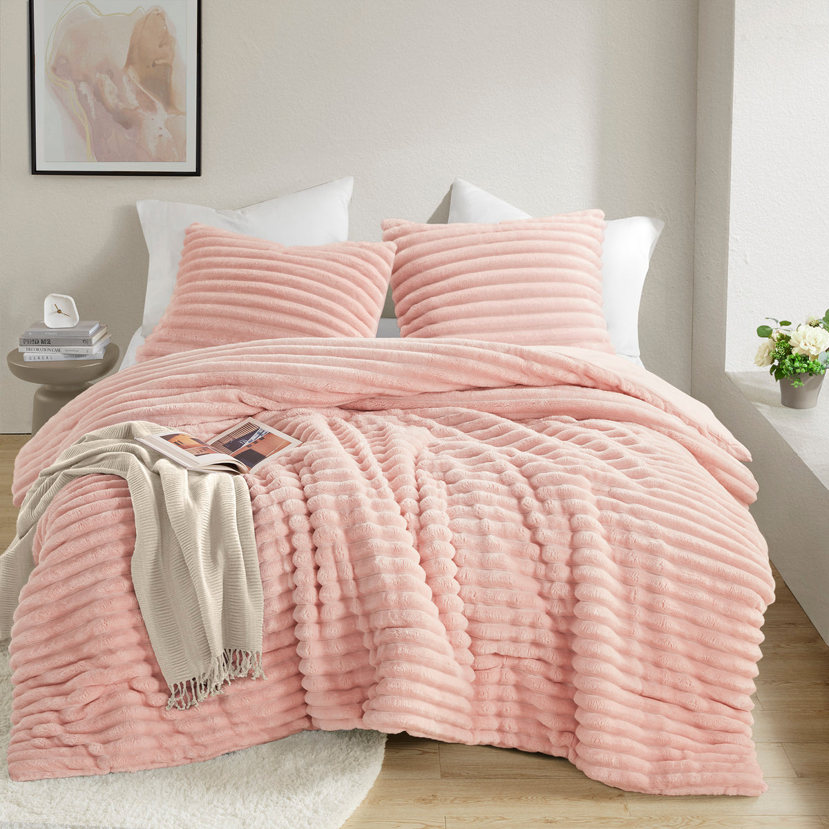 Avril Fluffy Ribbed Plush Comforter Set - Pink