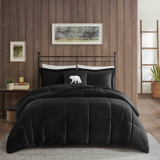 Alton Plush to Sherpa Down Alternative Comforter Set - Black/Black