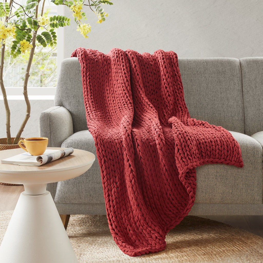 Chunky Double Knit Handmade Throw Blanket - Red