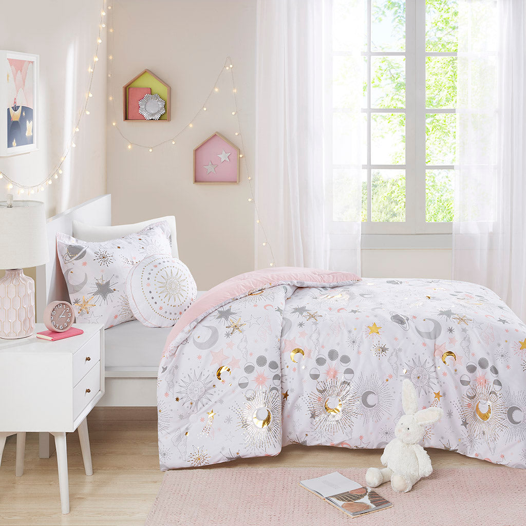 Celia Starry Sky Metallic Comforter Set with Throw Pillow - Blush/Gold