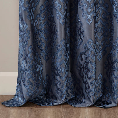 Mirage Knitted Jacquard Damask Total Blackout Grommet Top Curtain Panel - Navy