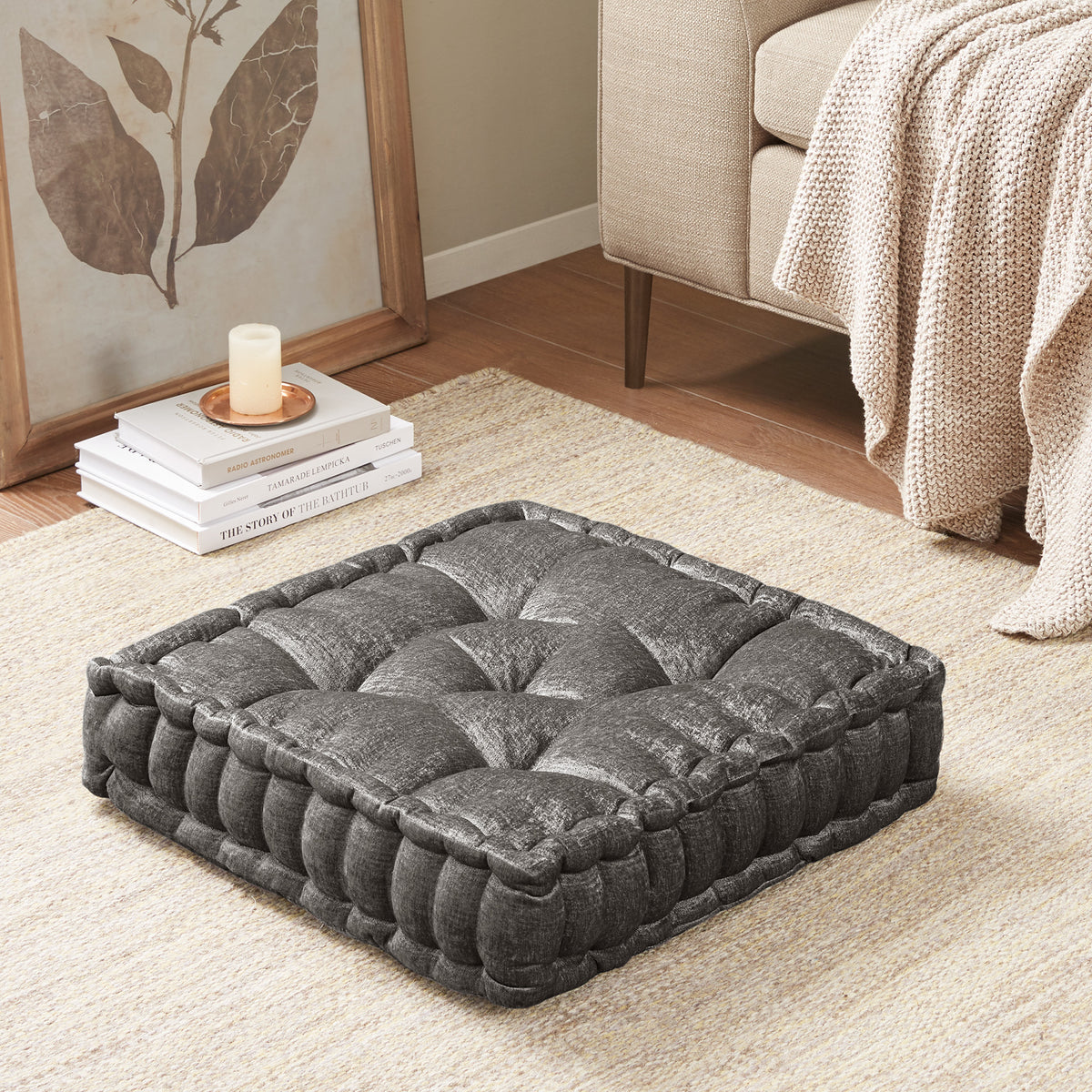 Azza Poly Chenille Square Floor Pillow Cushion - Charcoal