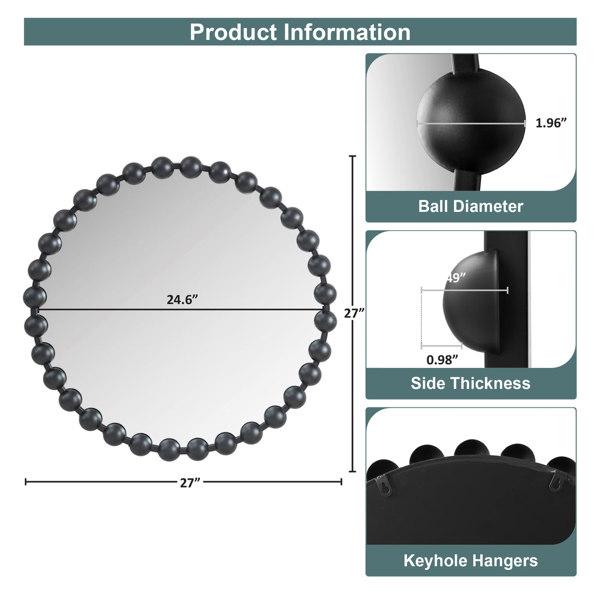 Marlowe Beaded Round Wall Mirror - Black