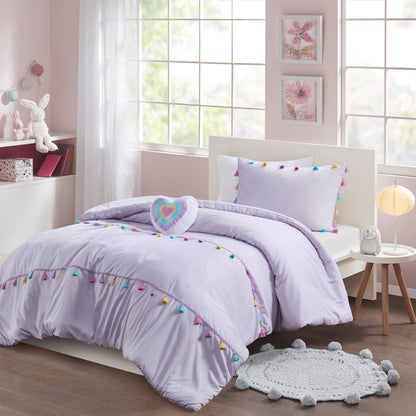 Tessa Tassel Comforter Set with Heart Shaped Throw Pillow - Lavender