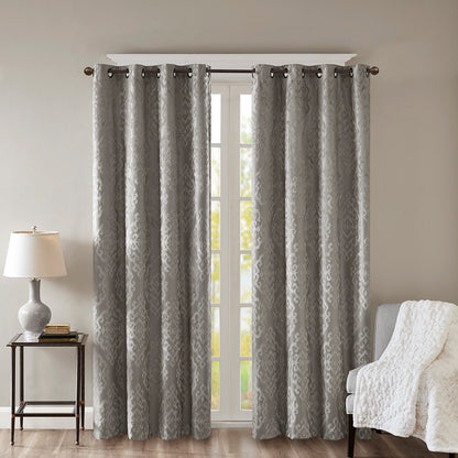Mirage Knitted Jacquard Damask Total Blackout Grommet Top Curtain Panel - Charcoal