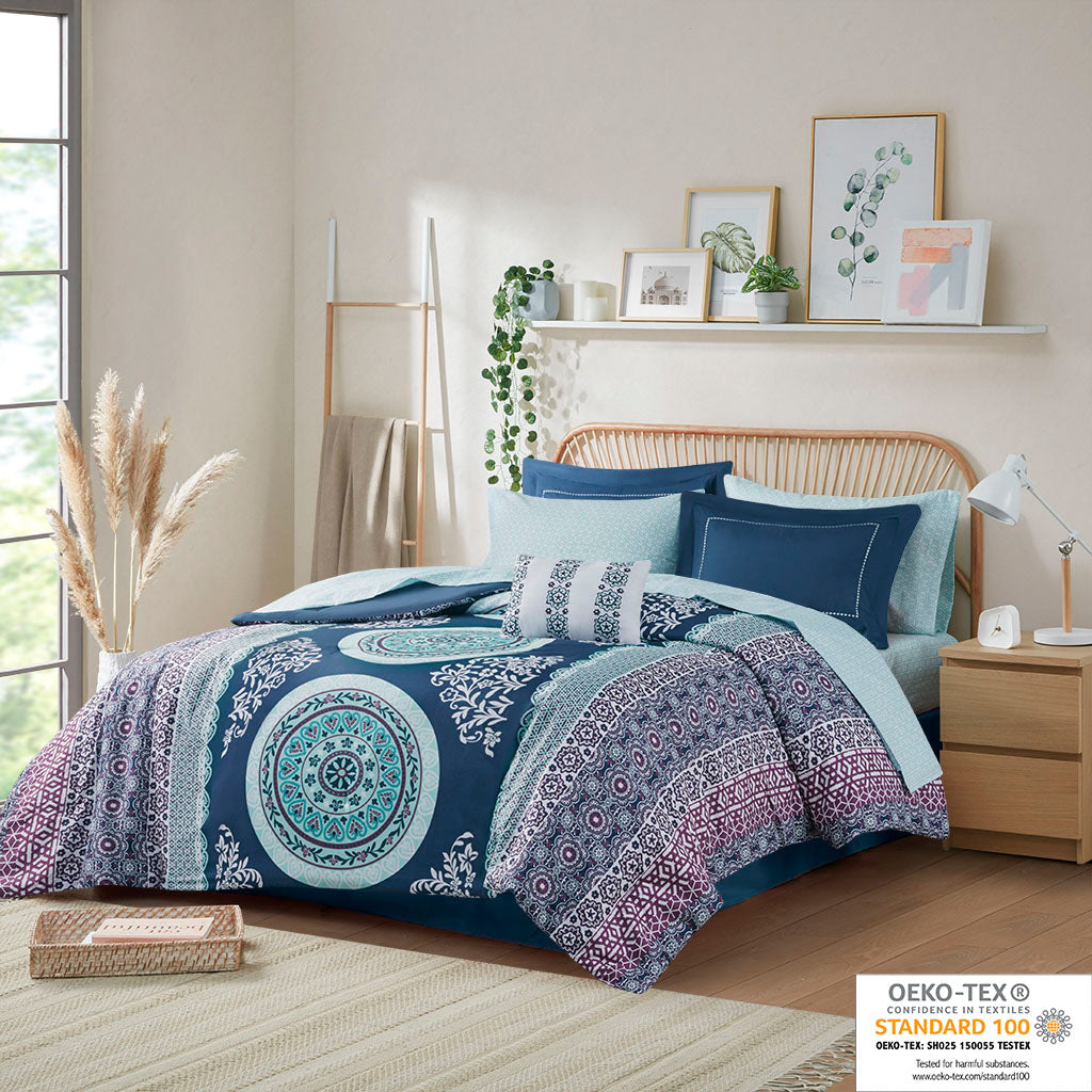 Loretta Boho Comforter Set with Bed Sheets - Navy