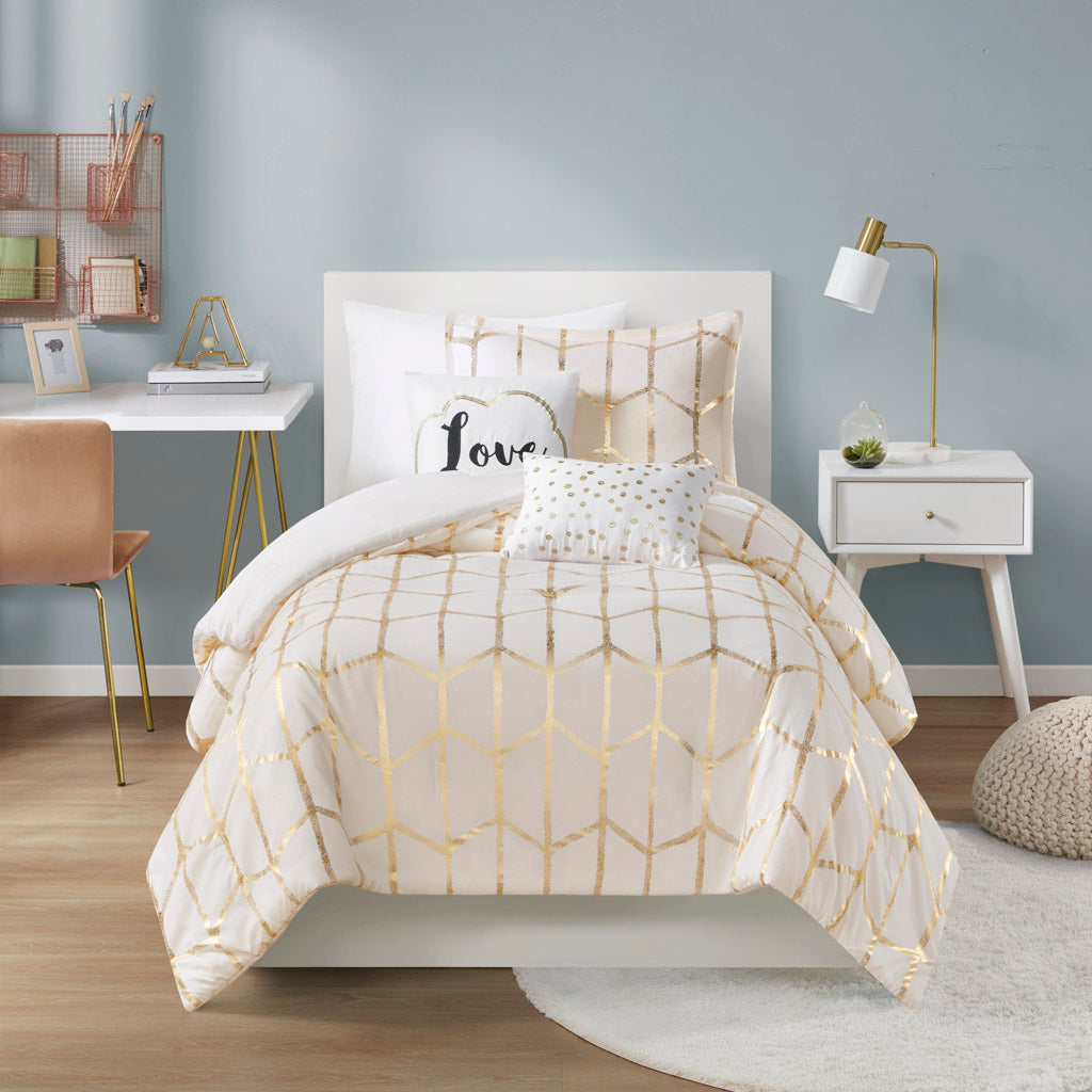 Raina Metallic Printed Comforter Set - Ivory/Gold