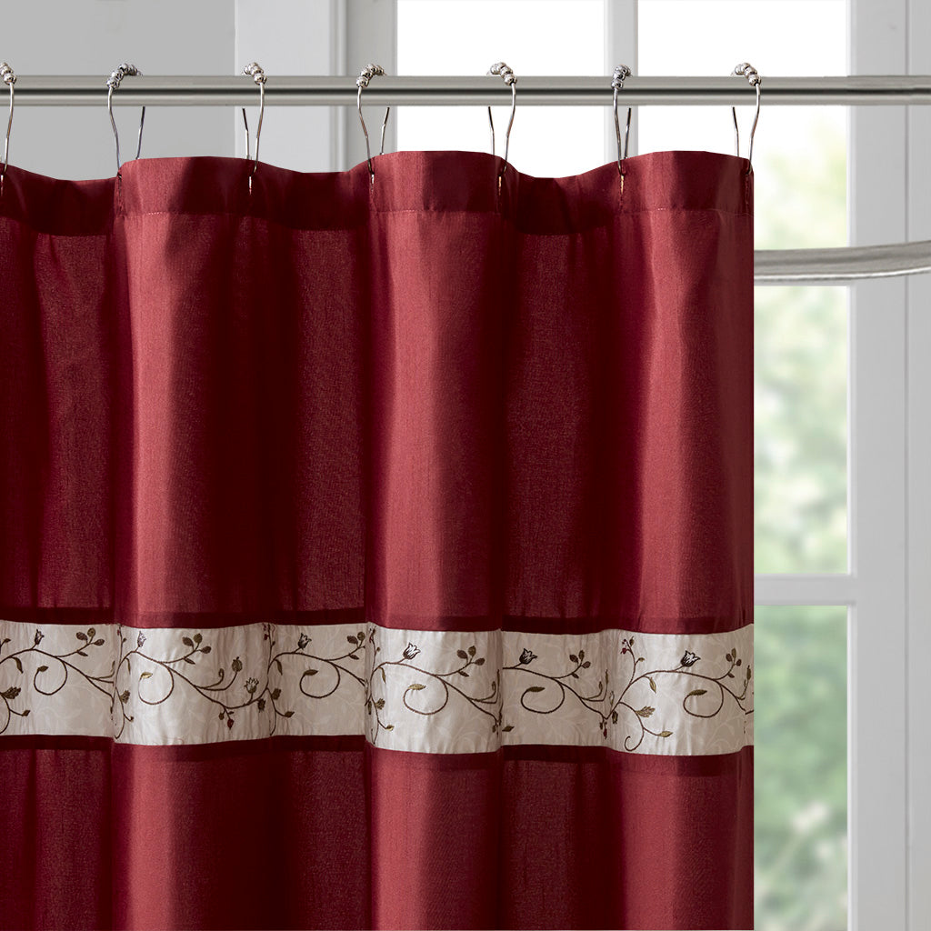 Serene Faux Silk Embroidered Floral Shower Curtain - Red