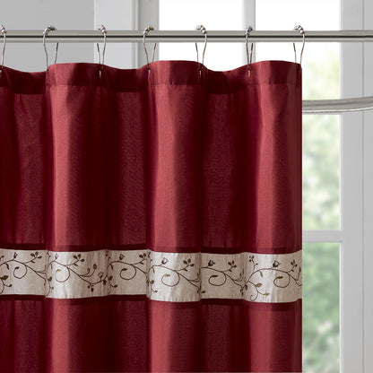 Serene Faux Silk Embroidered Floral Shower Curtain - Red