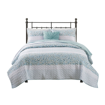 Caralie 4 Piece Seersucker Quilt Set with Throw Pillow - Aqua
