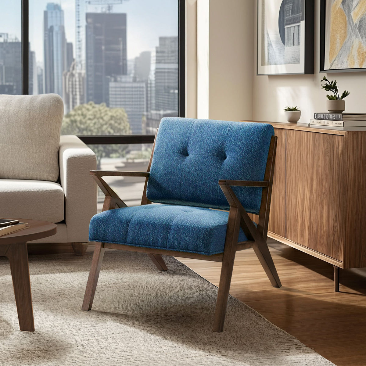 Rocket Upholstered Arm Chair with Angled Wood Frame - Blue/Pecan