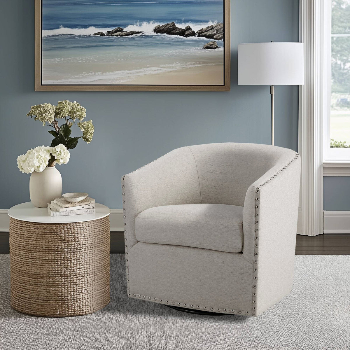 Tyler Upholstered Swivel Barrel Chair with Nailheads - Natural Multi