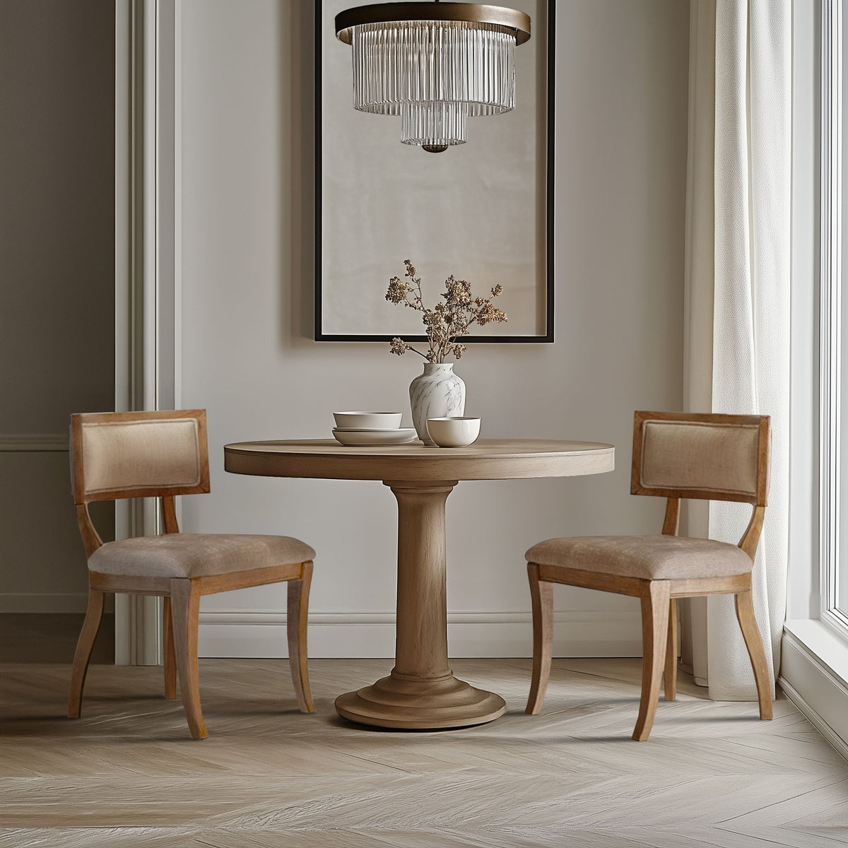 Marie Upholstered Split-Back Dining Chairs with Curved Wood Frame (Set of 2) - Beige/Light Natural