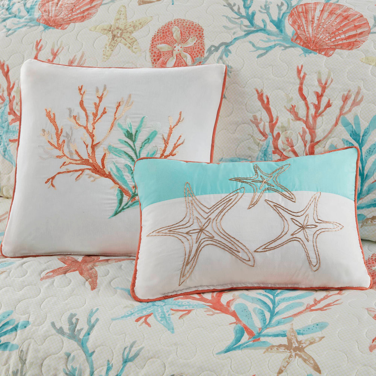 Pebble Beach 6 Piece Cotton Sateen Quilt Set with Throw Pillows - Coral