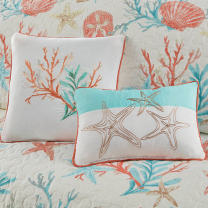 Pebble Beach 6 Piece Cotton Sateen Quilt Set with Throw Pillows - Coral