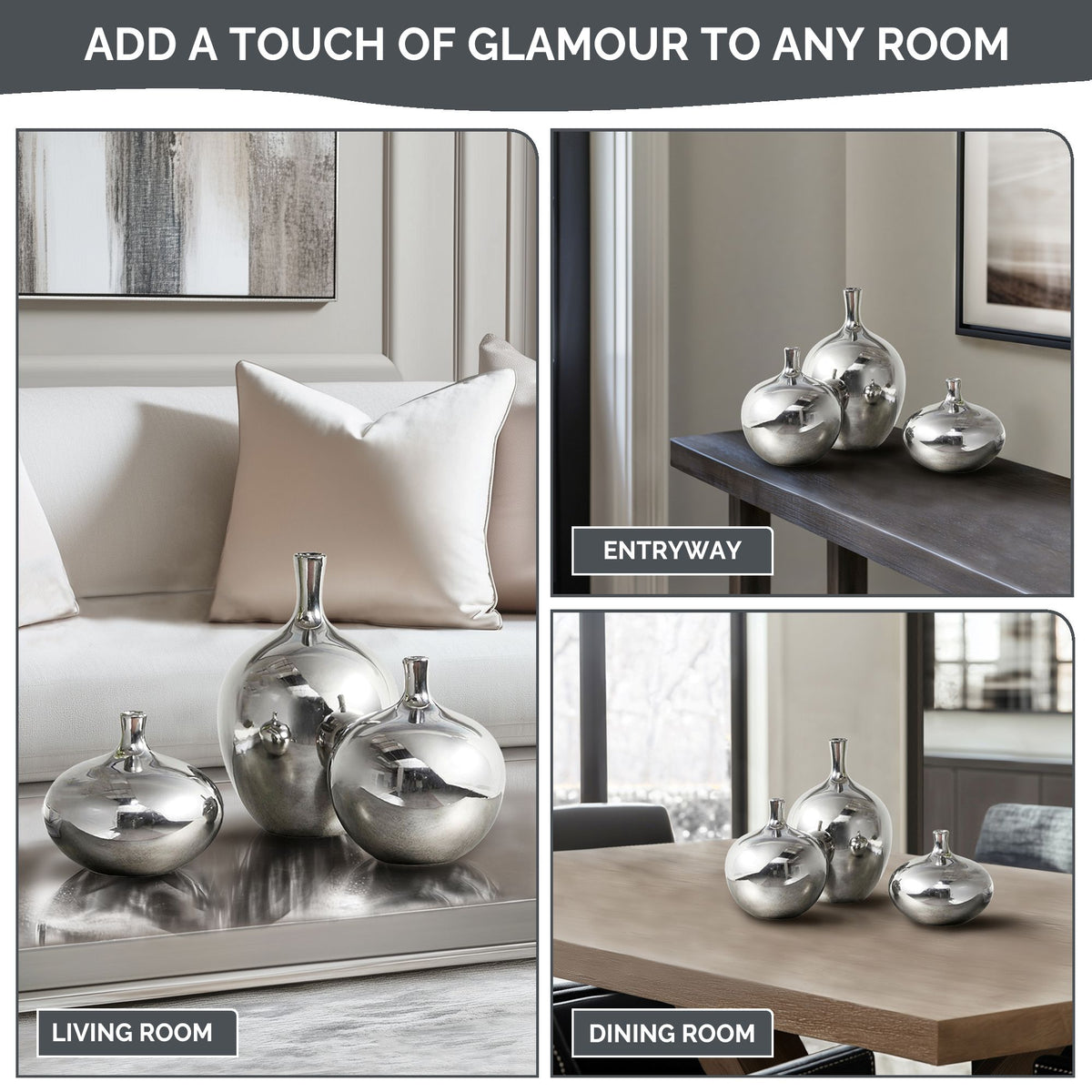 Ansen Mirrored Ceramic Decorative Vases 3-piece set - Silver