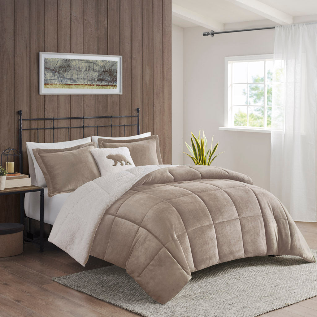 Alton Plush to Sherpa Down Alternative Comforter Set - Taupe/Ivory