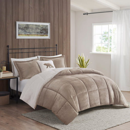 Alton Plush to Sherpa Down Alternative Comforter Set - Taupe/Ivory