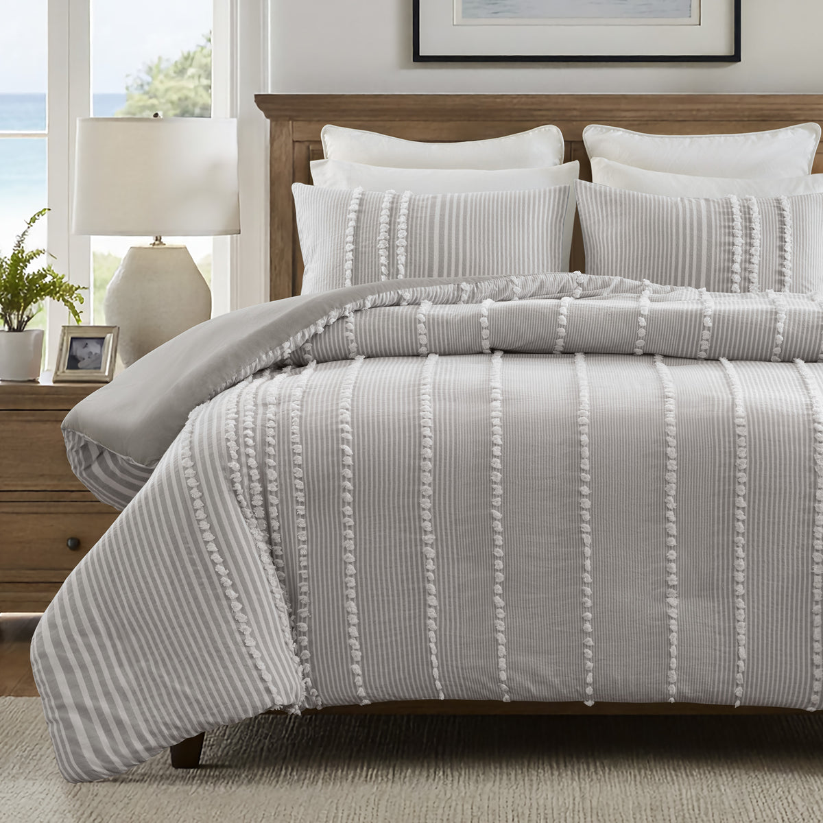 Anslee 3 Piece Cotton Yarn Dyed Duvet Cover Set - Grey