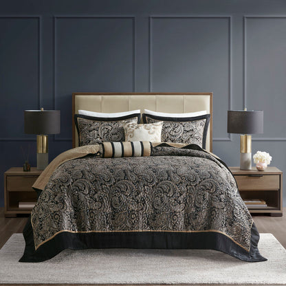 Aubrey 5 Piece Jacquard Bedspread Set with Throw Pillows - Black
