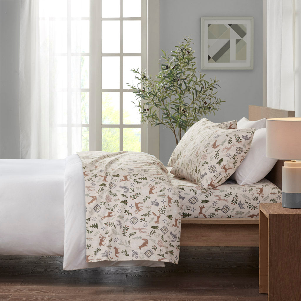 Cozy Cotton Flannel Printed Sheet Set - Tan Woodland Winter