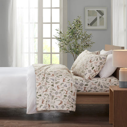 Cozy Cotton Flannel Printed Sheet Set - Tan Woodland Winter