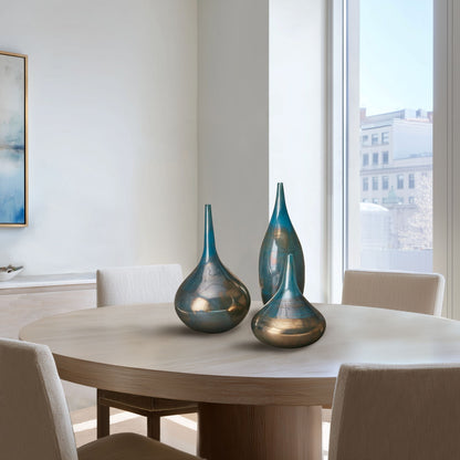 Aurora Blue and Bronze Decorative Glass Vases 3-piece set - Blue Metal