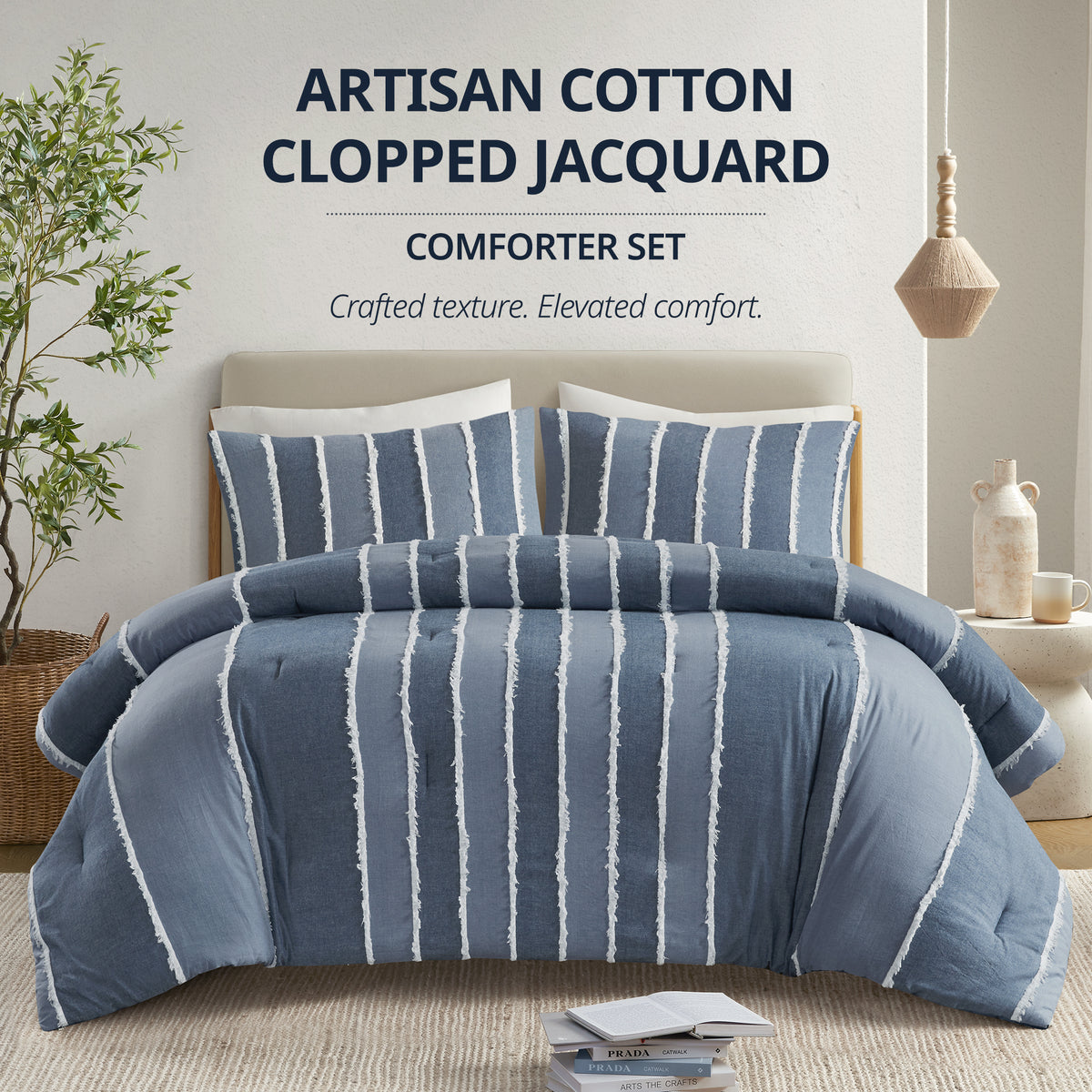 Shay 3 Piece Striped Cotton Comforter Set - Blue