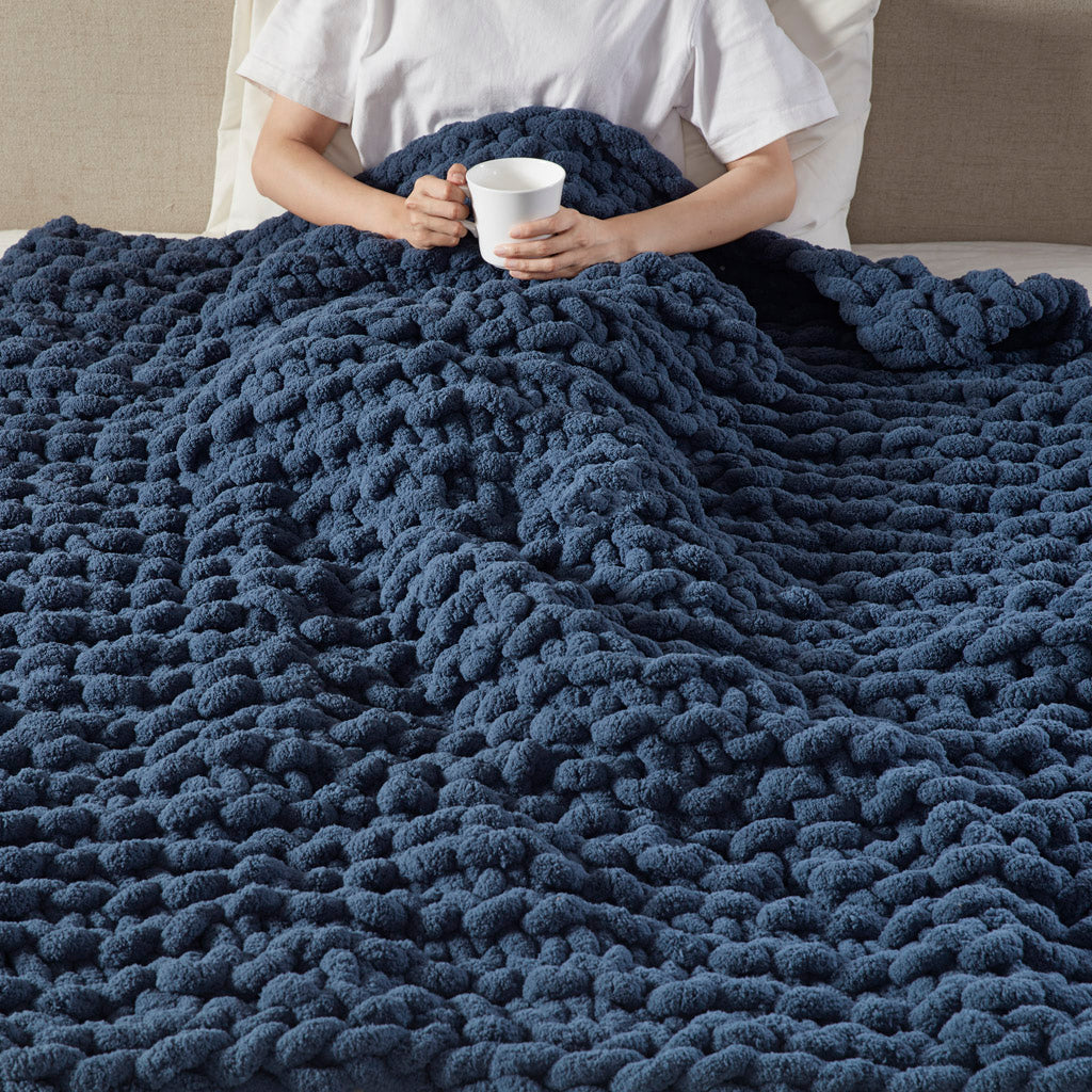 Chenille Chunky Knit Throw - Navy Blue