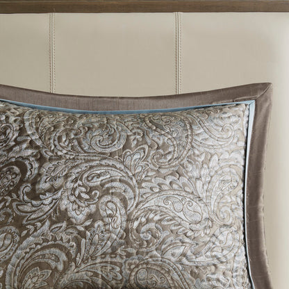 Aubrey 5 Piece Jacquard Bedspread Set with Throw Pillows - Blue/Brown