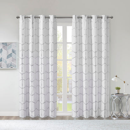 Raina Total Blackout Metallic Print Grommet Top Curtain Panel - White/Silver