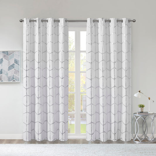 Raina Total Blackout Metallic Print Grommet Top Curtain Panel - White/Silver