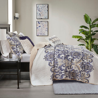 Cali 6 Piece Reversible Quilt Set with Throw Pillows - Navy/Tan