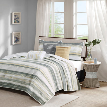 Marina 6 Piece Printed Quilt Set with Throw Pillows - Yellow