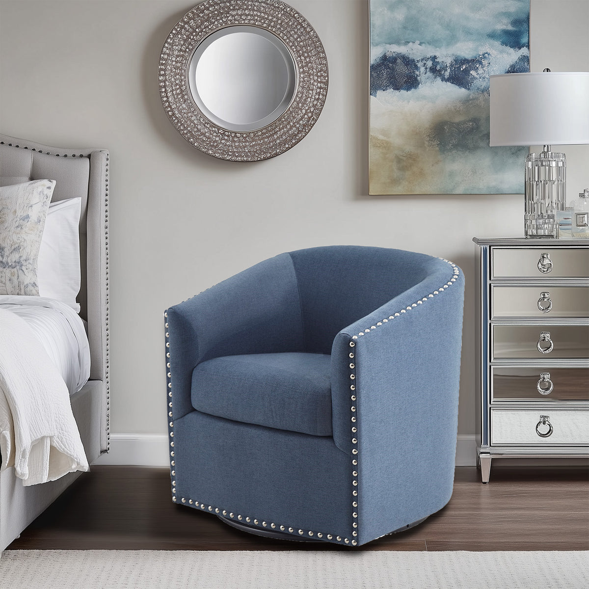 Tyler Upholstered Swivel Barrel Chair with Nailheads - Blue